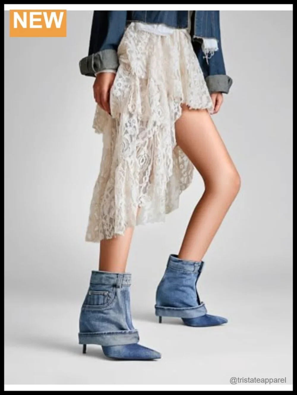 Pointed Toe Stiletto High Heel Ankle Denim Booties Fold Over Jean Boots Women